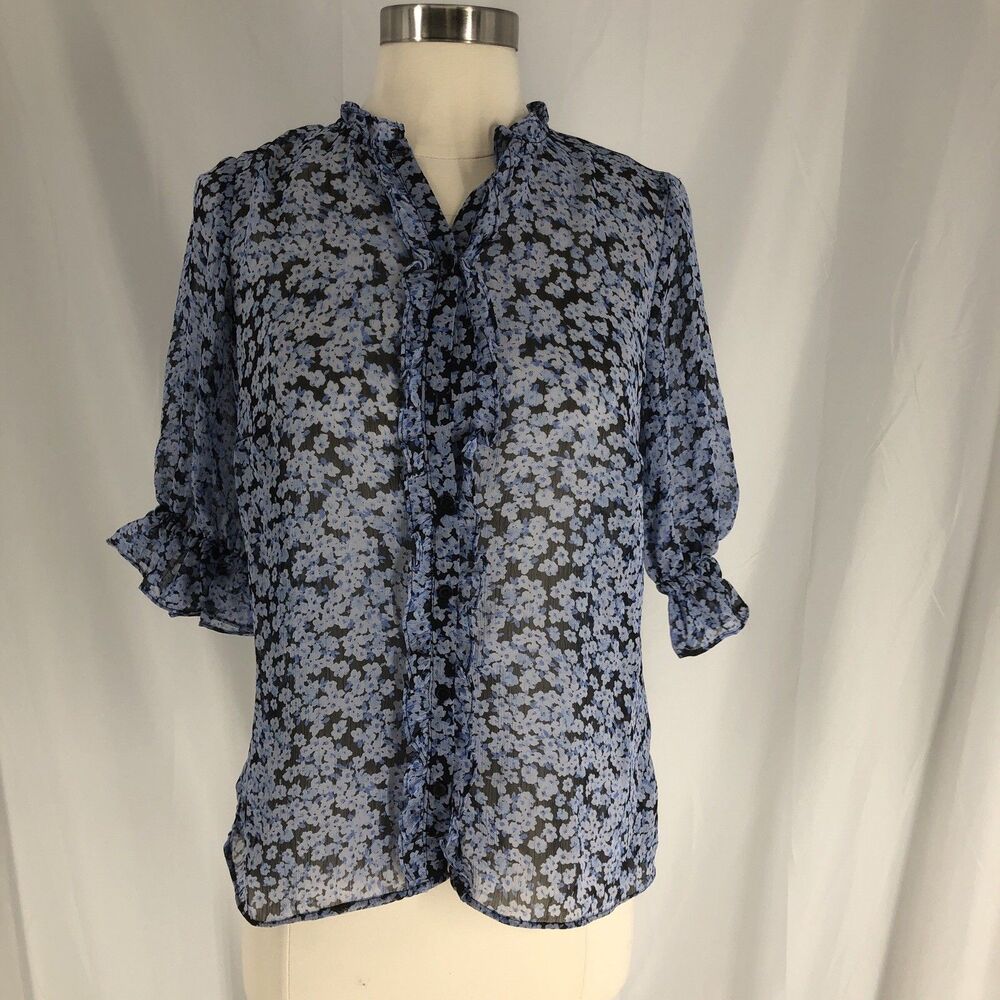 CeCe Women's Blue Floral Round Sheet Puff Sleeve Ruffle Blouse Small